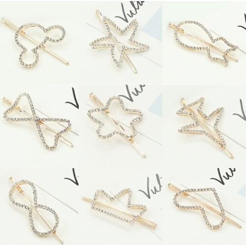 Rhinestone Hollow Golden Alloy Heart Star Flower Plane Number 8 Bowknot Fishtail Ear Women Hair Clips & Pins Headwear