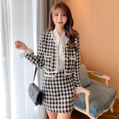 2020 Autumn Winter Plaid Tweed Womens Suits Single-Breasted Short Jacket Coat And Mini Skirt 2 Pieces Set Women Outfits
