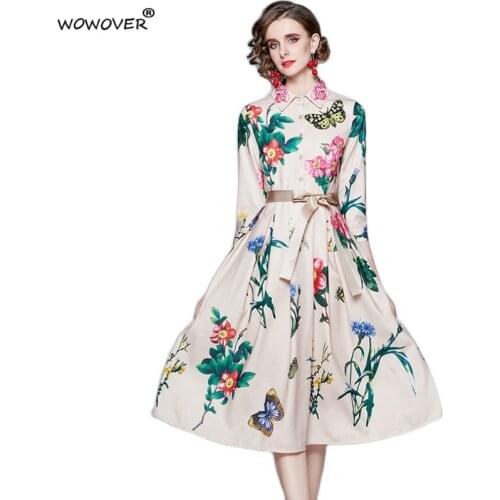 Spring Autumn Fashion Runway Designer Womens Floral Print Sashes Midi Shirt Dress Casual Female Clothes Vintage Holiday Vestido