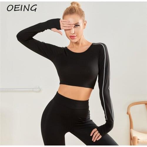 2021 Sport Long Sleev Shirts Women Yoga Gym Crop Tops Black Stretchy Workout Clothing Jogging Top