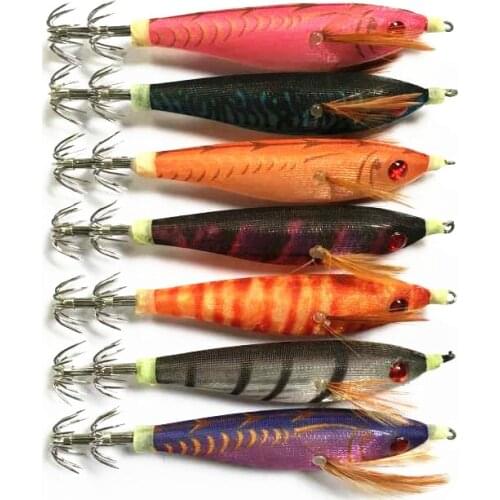 7Pcs Fishing Squid Hook 10cm/10g Wood Shrimp Artificial Lure Glow Jigging Octopus Bait Luminous Squid Jig Trout Lure