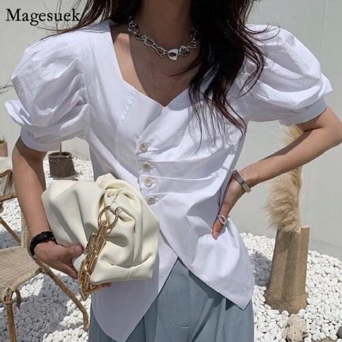 New Fashion Chic Pleated Puff Short Sleeve Shirt Female Square Collar Loose White Blouses Korean Vintage Summer Tops Lady 14281