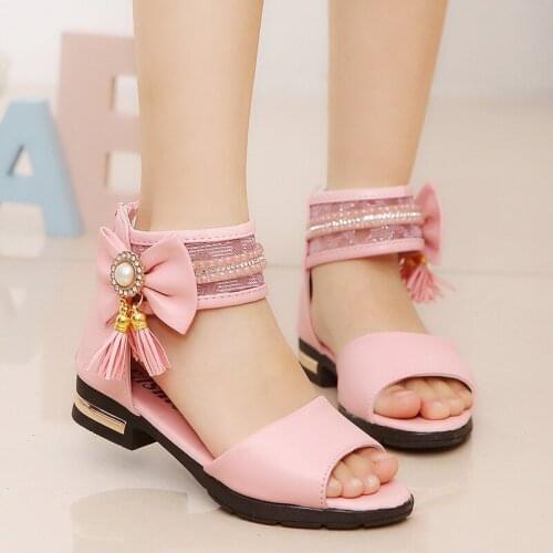 Skoex Summer Girls Princess Sandals Childrens Fashion Low Heel Open Toe Sandals Ankle Strappy Bows Kids Girls Party Dress Shoes