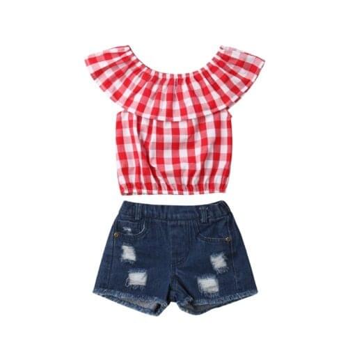 Boutique girl clothes Toddler Kids Girls Off Shoudler Tops+Jeans Denim Shorts 2PCS Outfits Set