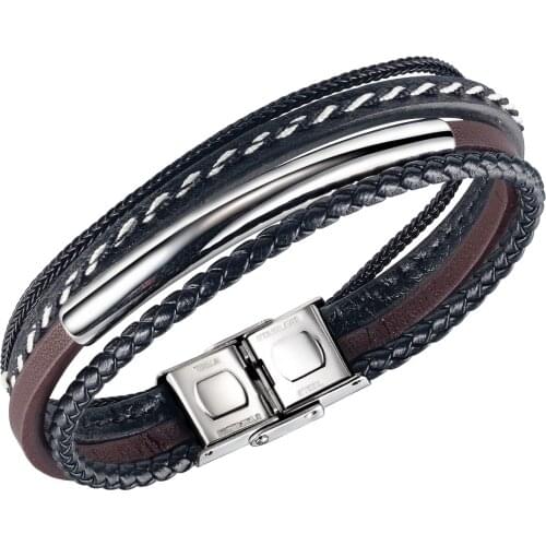 Cyue European Men Boy Braided Multi-layer Leather Bracelet Charm Stainless Steel Button Wristband ZYLB0184
