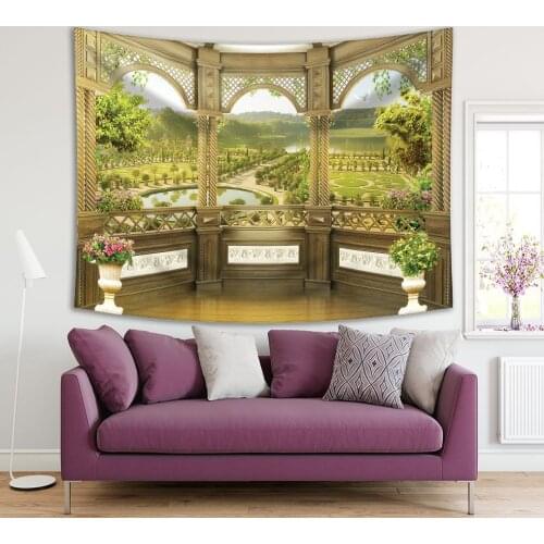 Tapestry Park Classic Garden Lakes Forest Trees Peaceful Morning View from Terrace with Arch and Flowers Green Art Print