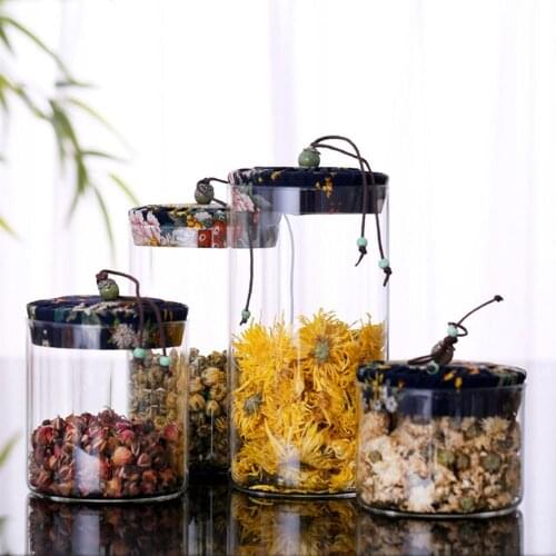 Chinese classical design，Canister Set of 4，Glass Food Storage Jars Containers，Glass Kitchen Canisters with Airtight Bamboo Lid