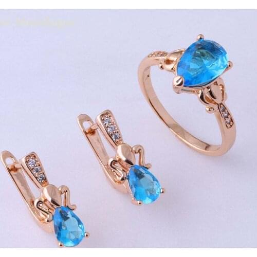 Love Monologue Top Quality Blue Sky Crystal Cubic Zirconia Gold Color Ring & Stud Earring Water Drop Jewelry Sets X0222