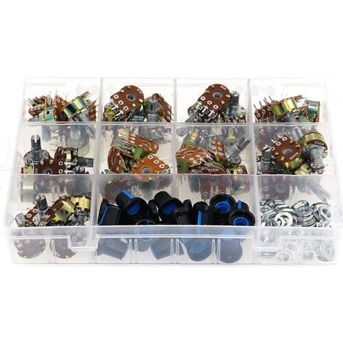 45pcs WH148 Potentiometer Kit B1K B5K B10K 20K 50K 100K 250K 500K 1M 15mm Shaft Amplifier Dual Stereo Set 6pin With Cap switch