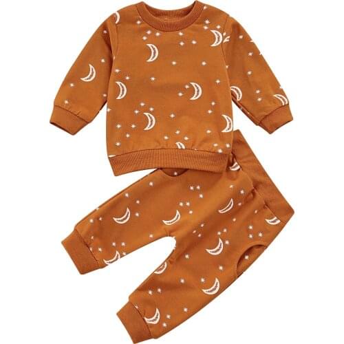 2021 0-24M Toddlers Boys Girls Tracksuit Casual Brown Moon Star Print Long Sleeves Pullover Sweatshirt+Harem Pants Fall 2pcs Set