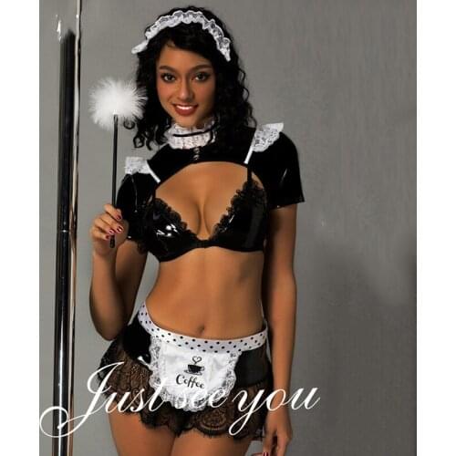 Black PVC & Lace Ladies French Maid Cosplay Set Sexy Costumes Exotic Cub Wear