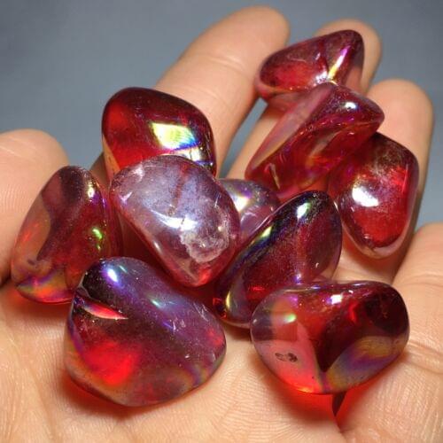 Red Titanium Rainbow Aura Crystal Gravel Tumble Stone Reiki Quartz