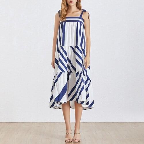 Fashion Summer New Bandage Hot Dresses Sleeveless Stripe Printed Loose Casual Long Dress Women Vestido Retro