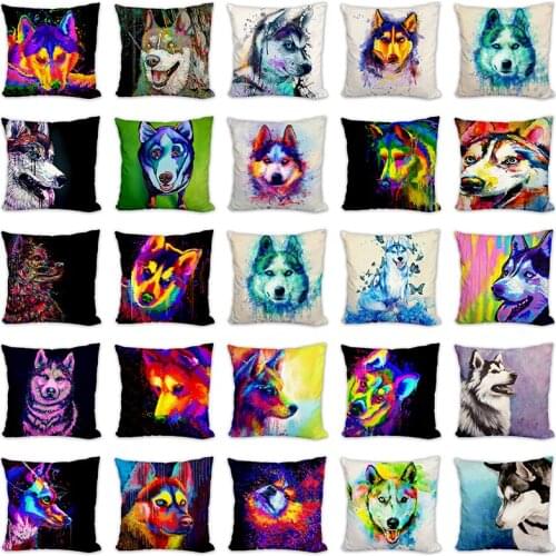 Dog Pillow Cases Animal Pillowcases Husky Water Color Poster 45*45 for Children Kids Beige Linen Cushion Cover Polyester Throw