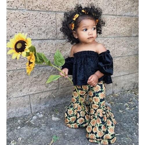New Summer Children Outfits 2PCS Toddler Kids Girls Clothing Set Off Shoulder Tank Tops+Sunflower Bell Bottom Trouser