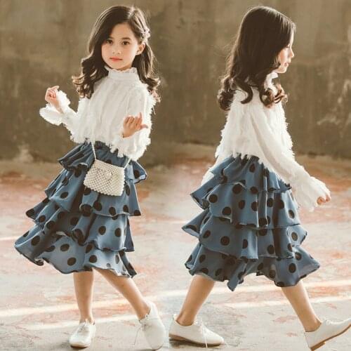 Girls Spring Autumn Clothing Set 2019 Big Children Feather Chiffon Shirt Polka Dot Cake Skirt 2Pcs Clothes Set 4-13t