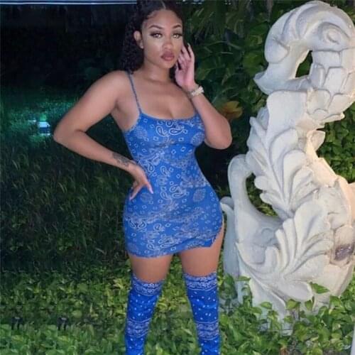 2021 New Fashion Printing Sling Slim Split Dress Women Sexy Sleeveless Knitting Clothing Lady Blue Bodycon Mini Dresses