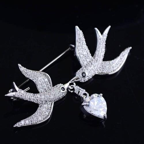 OKILY Delicate Women Jewelry Accessories for Winter Coat Fully-AAA Zircon Love Birds Brooches and Pins Gift New Year 2021