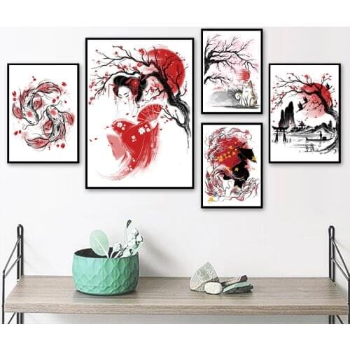 Japanese Geisha Poster and Print Koi Crane Bird Lucky Cat Wall Art Canvas Painting Picture for Living Room Home Bar Decoration