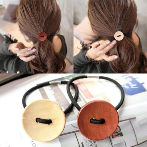Headwear Fashion Women Girls Vintage wooden buttons rubber band Charm Elastic Hair bands Hair Accessories
