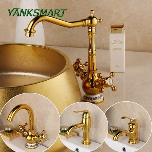 YANKSMART Luxury Golden Finished Brass Faucet Bathroom Faucets Single Handle Cold and Hot Water Tap Mixer High Basin Faucet