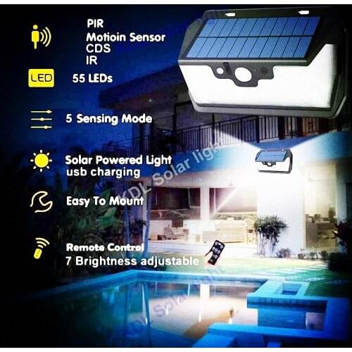 55 LED 900lm Solar Light remote control radar smart 3 side lighting 4PCS Panel Mot camp street wall lamp yard g