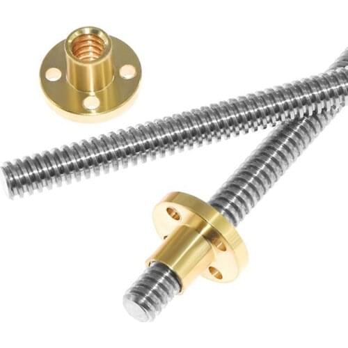 T8 Lead Screw CNC 3D Printer Pitch 2mm Lead 8mm 304 steel Length 150mm 200mm 250mm 300mm 350mm 400mm 450mm 500mm with Brass Nut