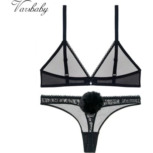Varsbaby deep V transparent underwear Rabbit Tail Bra Set sexy Thong