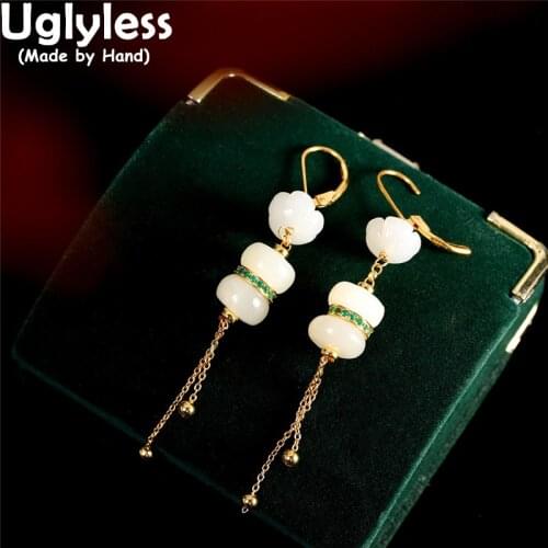 Uglyless Elegant Women Long Tassels Earrings Natural Jade Beading Earrings Gold Brincos 925 Silver Ethnic Summer Dress Jewelry