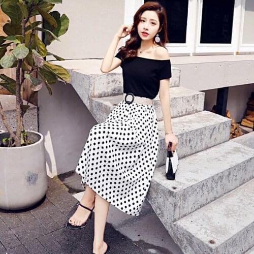 Women 2021 Summer New Fashion Two Piece Suits Female Solid Color Sexy Slim Tops Ladies Loose Polka-dot A-line Skirts Sets K144