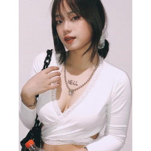 Women Crop Top Sexy V-neck Lace Backless Bandage Tee Tops Long Sleeve Ladies T-Shirts Vintage Streetwear Female Clothes