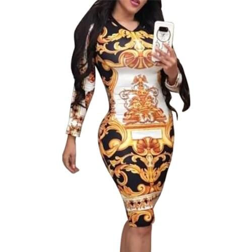 Women Long Sleeve Floral Bodycon Dresses Sexy Pencil Midi Dresses Elegant Slim Dress for Evening Party Club Wear
