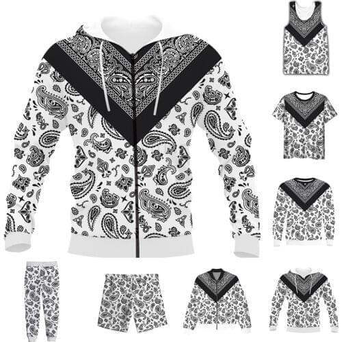 New Funny 3D Full Print Bandana White Paisley T-shirt/Sweatshirt/Zip Hoodies/Thin Jacket/Pants Four Seasons Casual Suit V53