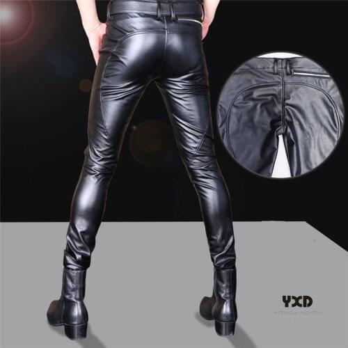 Mens Leather Pants Man Openable Crotch Zipper Leather Trousers For Men Spliced Moto Pants Male Streetwear Skinny Biker Clothing