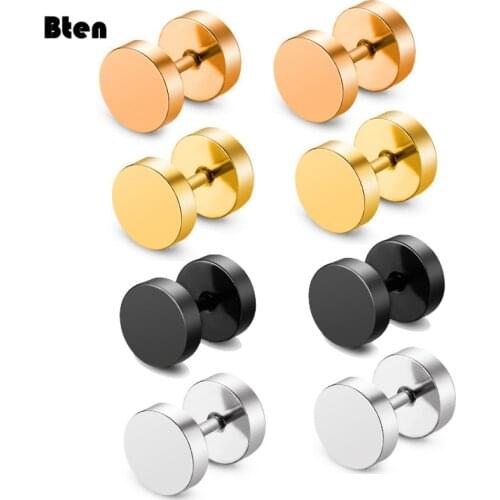 Bten One Pair Black Stainless Steel Round Stud Earrings For Women Dumbbell Pierceing Earrings Men Punk Fashion Jewelry