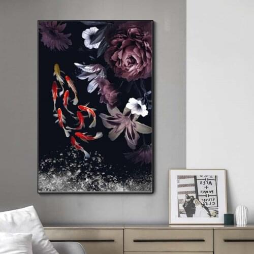 DK-ART Wall Art Painting Prints on Canvas Wall Goldfish and peony Flowers Picture Modern Home Wall Decorative Pictures Cuadros