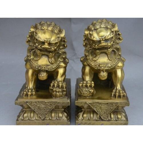 9" Chinese Feng Shui Brass Guard Door Fu Foo Dog Lion Pray Leo Ball Statue Pair