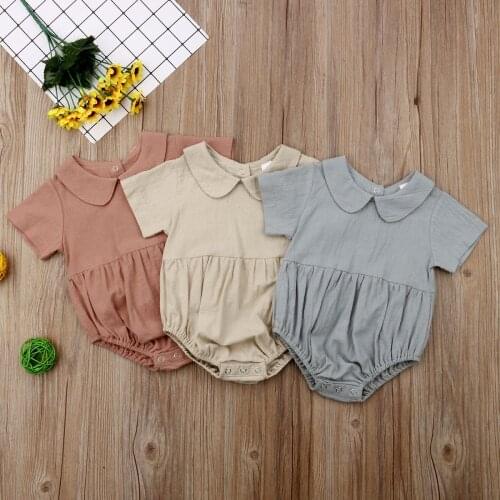 Newborn Baby Girl Romper Peter Pan Collar Solid Color Short Sleeve Rompers Jumper Tops Summer Casual Clothes for 0-18 Months