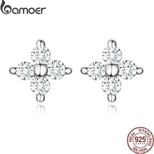 Bamoer Tiny Ear Stud for Girl Genuine 925 Sterling Silver Clear CZ Flower Stud Earrings Easy Office Lady Week Jewelry SCE648