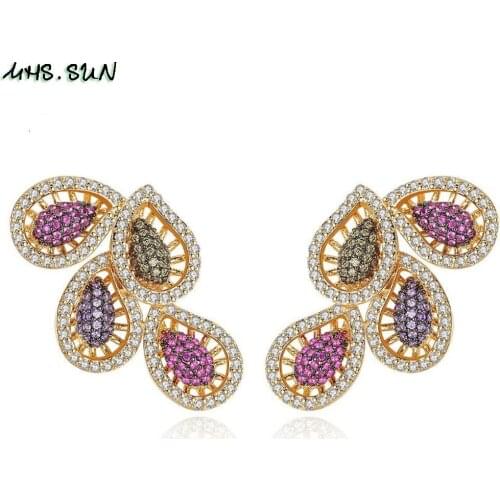 MHS.SUN New Peacock Feather Design Stud Earring Cubic Zircon Vintage Earrings Jewelry For Women Bridal Wedding Crystal Earrings