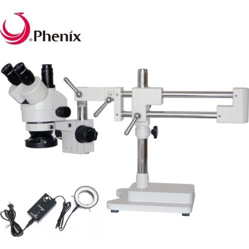 Phenix Microscope 7x-45x Zoom Trinocular Stereo Microscope Double Boom Stand+LED Ligh Professional Mobile Phone Repairing PCB