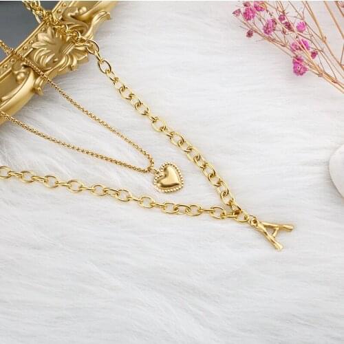 Layered Necklace Stainless Steel Initial Name Necklace Gold A-Z Letter Heart Pendant Couple Man Girl Jewelry Gift