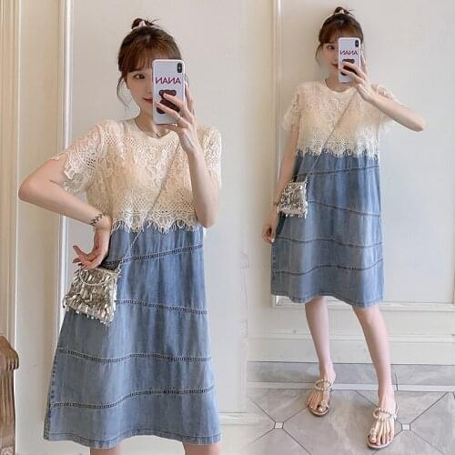 Fashion Lace Patchwork Denim Maternity Dresses Summer Pregnancy Dress Sweet Loose Maternity Clothes For Pregnant Women M-4XL