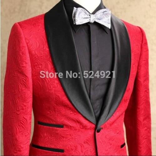 Custom Made Men Suits Red Pattern and Black Groom Tuxedos Shawl Lapel Groomsmen Wedding Best Man ( Jacket+Pants+Tie ) C750