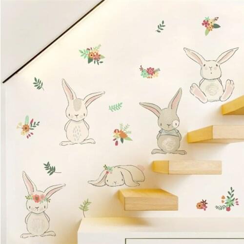 Cartoon rabbit flower wall sticker for kids rooms wall decal bedroom living room mural 3d window home decor