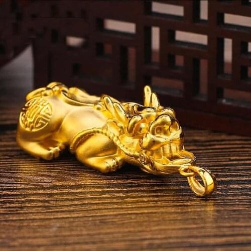 New 24K Yellow Gold Pendant 3D Yellow Gold Dragon Son Coin Pixiu Necklace Pendant