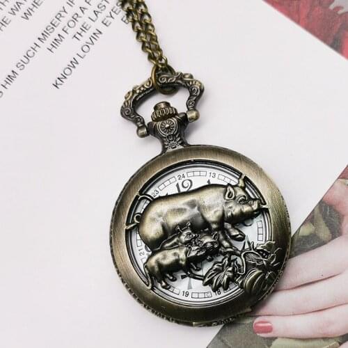 Top Brand Chinese Zodiac Pig Quartz Pocket Watch Necklace Pendant Carving Back for Women Men CF1085