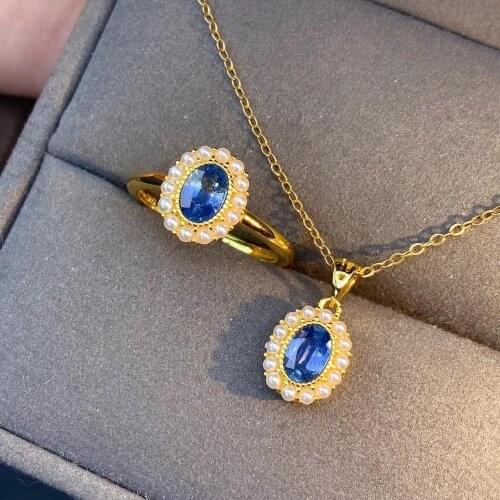 The Best Engagement Gift Sapphire Jewelry Set Natural Real Sapphire 925 Sterling Silver 1pc Pendant,1pc Ring