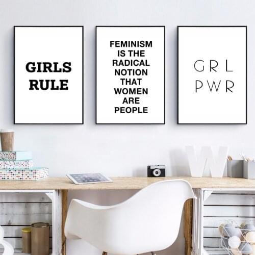 Modern Black and White Girls Rule Canvas Painting Girls Room Wall Art Feminism Quotes Posters Prints for Living Room Home Decor