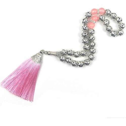 Tesbih Store 10mm Silver plated Prayer Beads with pink tassel Tasbih Tesbih Tasbeeh Subha Misbaha Islamic for wedding gift